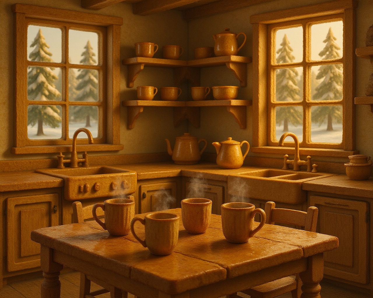 Fr3nchT04st rustic cottage kitchen,  wooden table with five steaming mugs,  warm lamplight on Tensor.Art