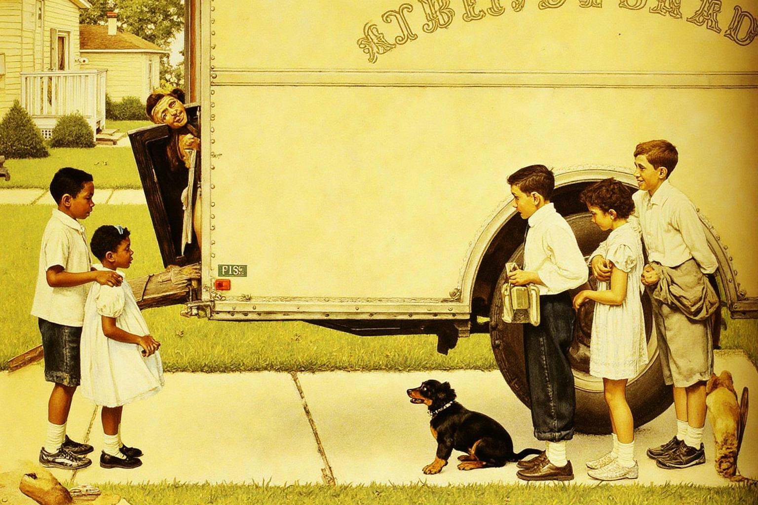normanrockwell1 painting. A scene in the suburb in the 1950s. Two groups of children a facing each other.On the left stand...