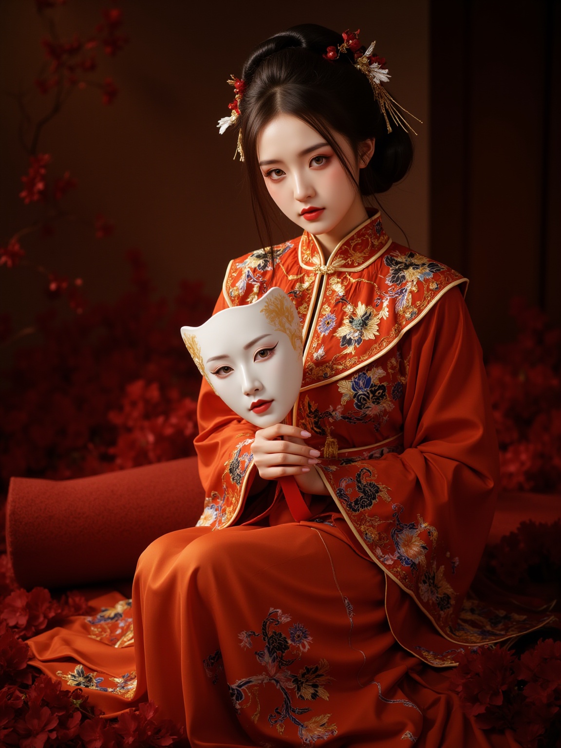 This is a high-resolution photograph featuring a young East Asian woman in traditional Chinese attire,likely a Qing dynasty-inspired outfit. She is captured in a dimly lit,richly adorned setting,with a warm,reddish-orange hue dominating the scene. Her complexion is fair,with delicate,smooth skin and a slight blush on her cheeks. Her eyes are almond-shaped and accentuated with dramatic,dark eyeliner and mascara,while her lips are painted a vivid red,matching her outfit., She wears a flowing,elaborate gown with intricate embroidery in gold and red hues,featuring traditional Chinese motifs such as dragons and phoenixes. The dress is adorned with a high collar and long sleeves,and her chest is covered by a high-necked bodice. Her hair is styled in a traditional updo,adorned with ornate hairpins and a delicate comb. She holds a white,translucent mask in her right hand,which adds an element of mystery and intrigue to the image., The background features a textured,dark surface with hints of red,possibly a richly patterned fabric or a textured wall,adding to the opulent and mystical atmosphere. The overall scene is reminiscent of an ancient Chinese imperial court,with an emphasis on luxury and cultural heritage.,