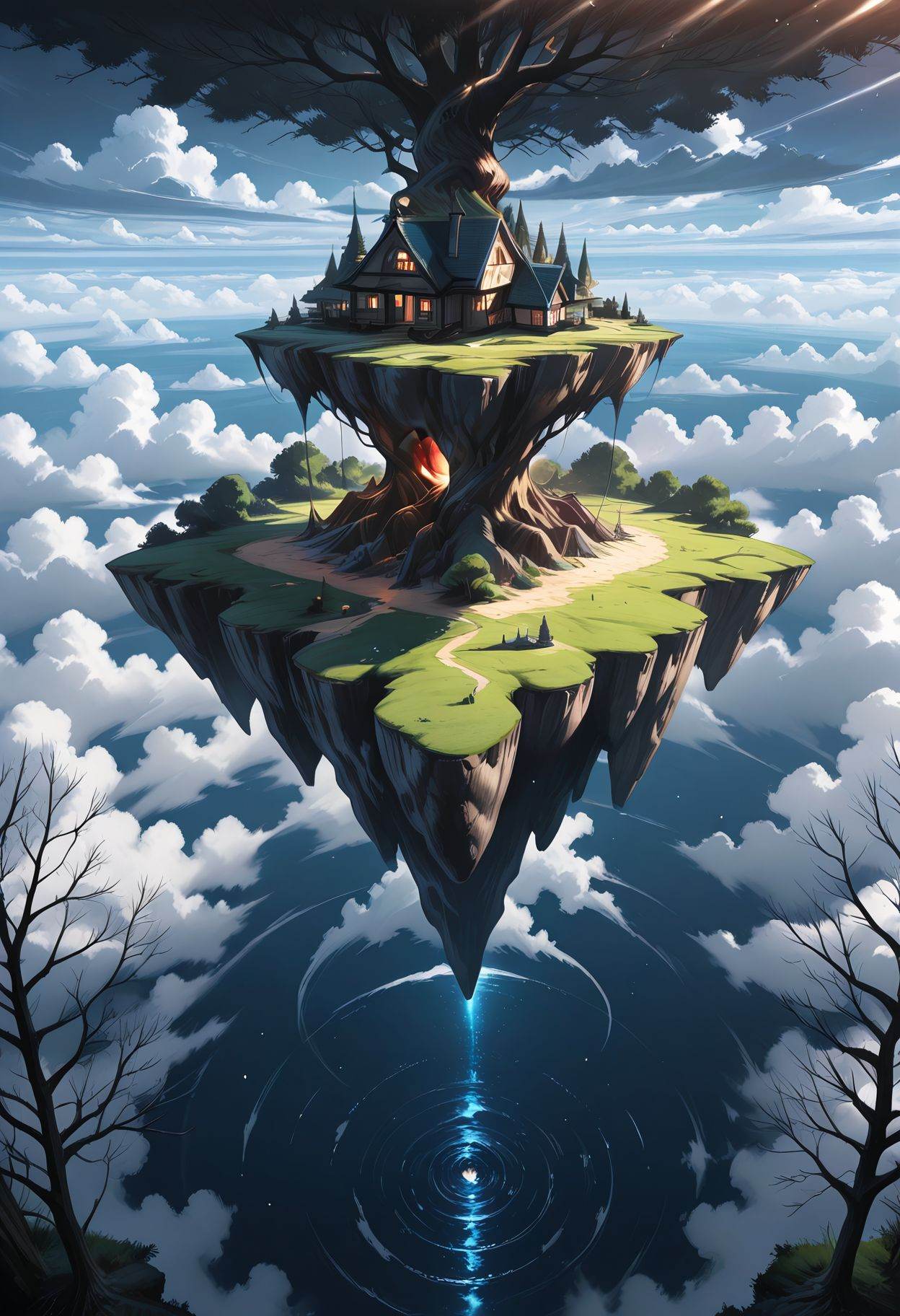 Smooth Quality,  no humans,  floating island with a small house on Tensor.Art