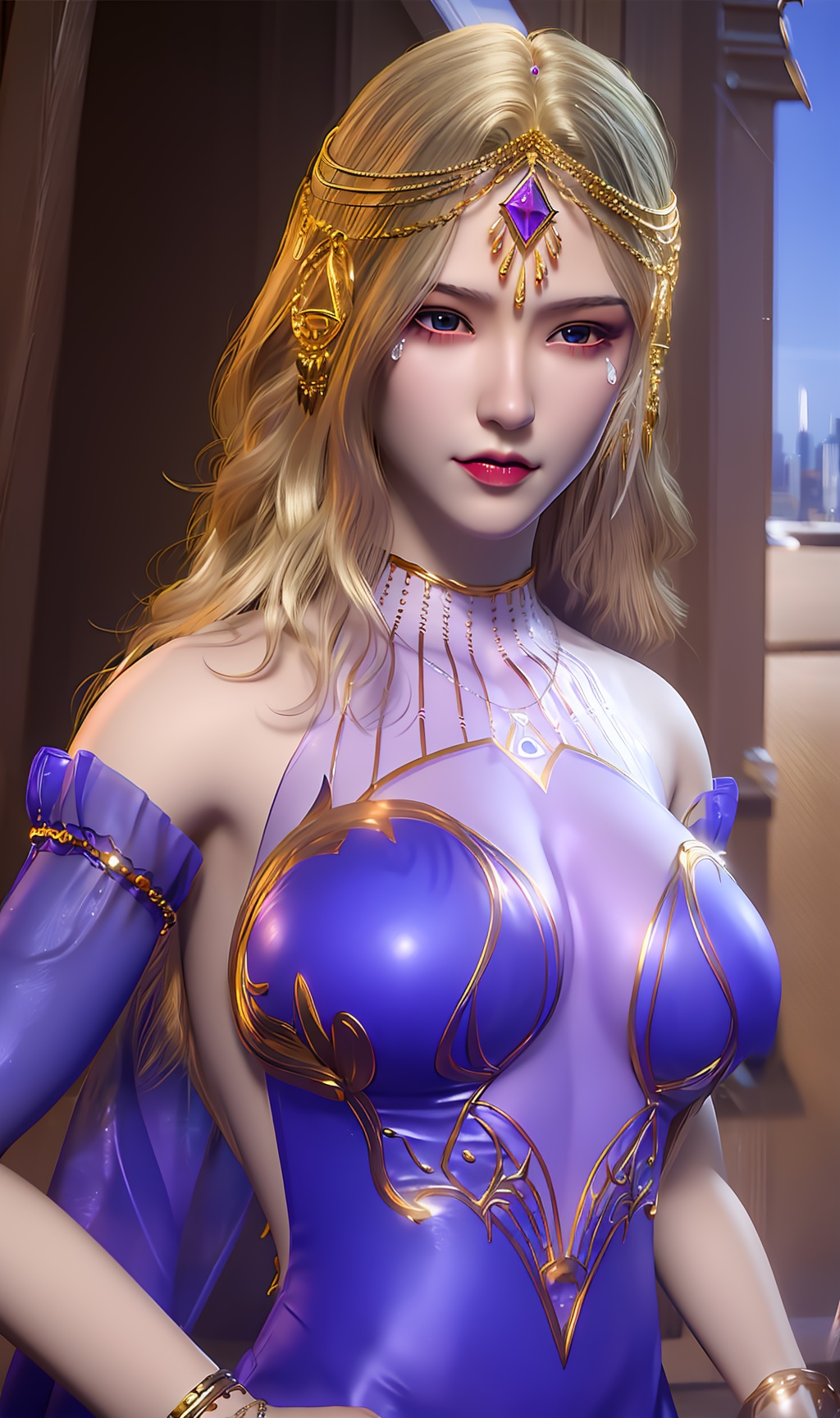 3D,masterpiece,(best quality),(makeup),official art, extremely detailed cg 8k wallpaper,((crystalstexture skin)), (extremely delicate and beautiful),(highly detailed),(face),(tiara),(gold_trim),(bracelet),(1girl), (solo), (jewelry), (earrings),(blonde_hair),(long_hair),(hair_ornament),(handwear),(breasts),((upper_body)),(closed_mouth),(long_dress),(shiny_clothes),(city,outdoor),,,((looking_at_viewer)),((Facing the camera)),, <lora:hipoly3DModelLora_v10:0.3>