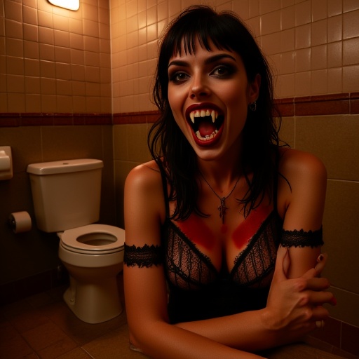 JuneGoth99 vampire in a brown tiled bathroom on Tensor.Art