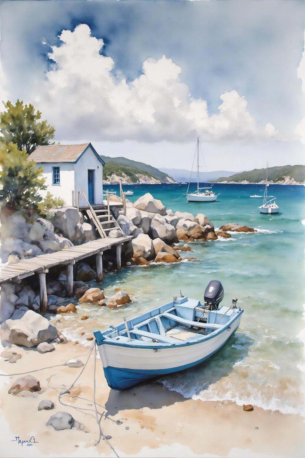 yawc1 watercolor. A watercolor painting of a small boat on a beach. The boat is blue and white in color and is anchored at...