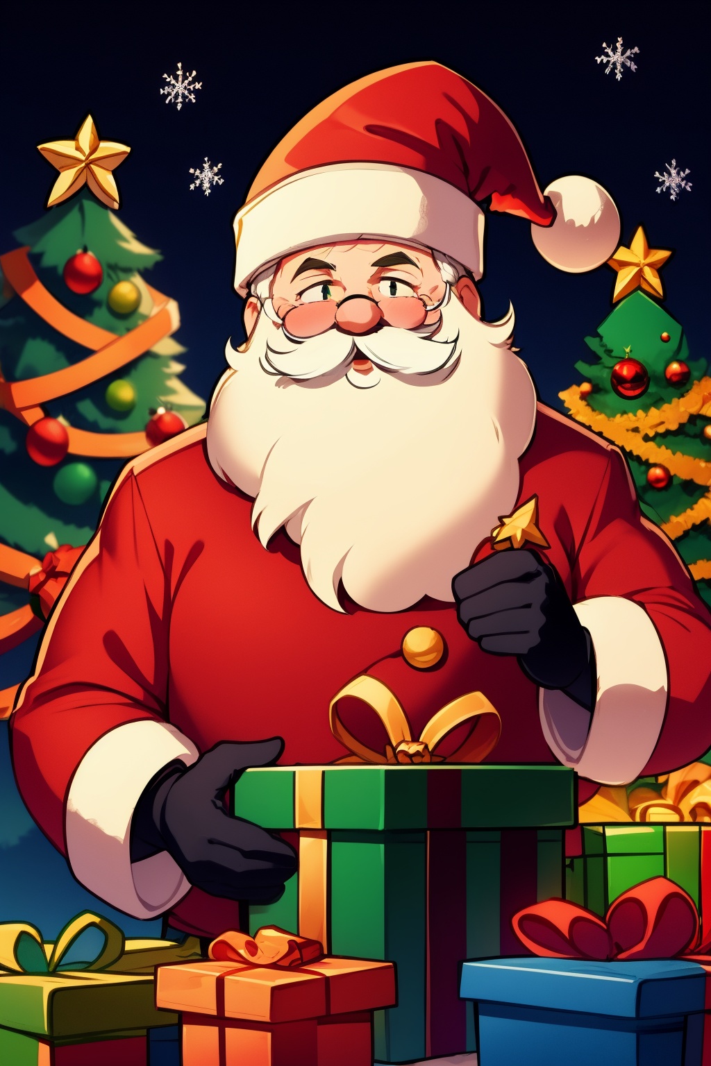 <lora:AgainChristmas_v1:1>, santa claus, 1boy, hat, christmas, facial hair, male focus, christmas tree, gloves, beard, black gloves, solo, santa hat, mustache, gift