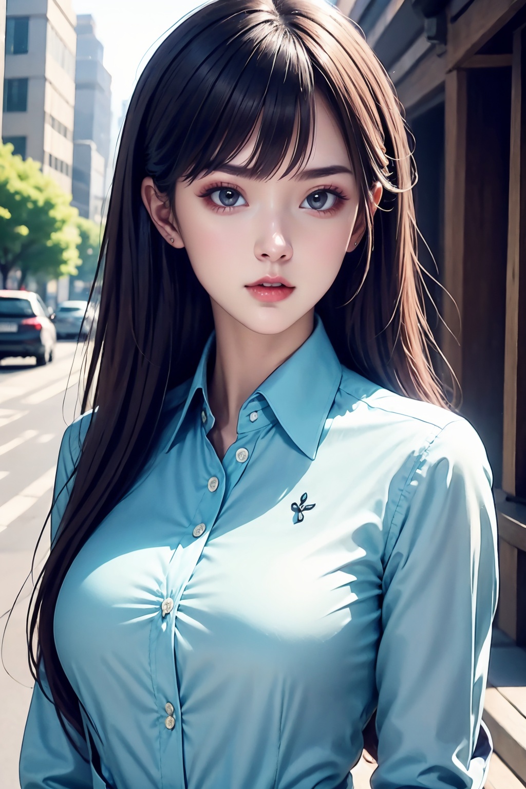 1girl,upper body,blue collared shirt,
