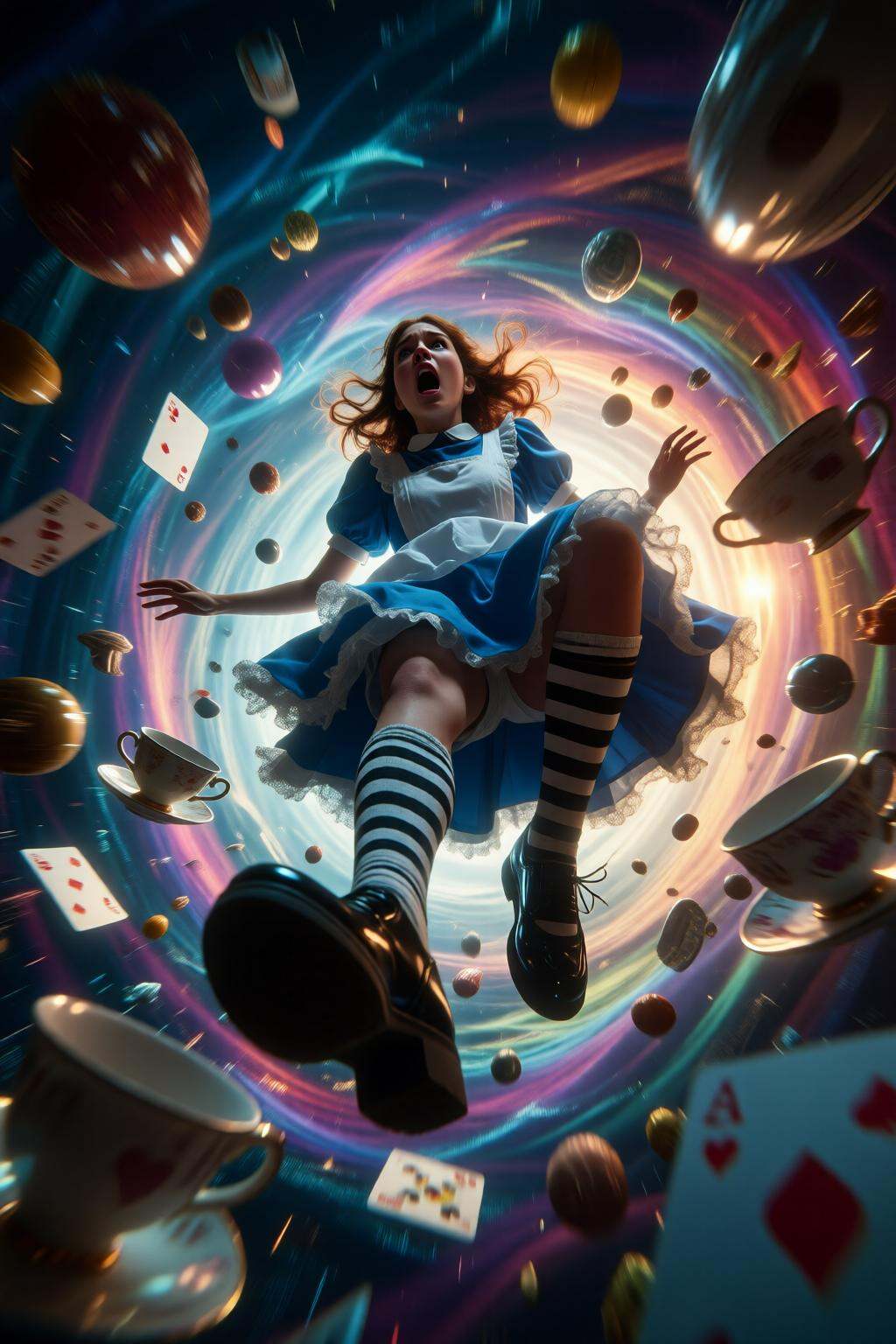 midjourneylowangle11q Low angle shot. Close-up of Alice in Wonderland falling into the rabbit hole,  with her legs danglin...