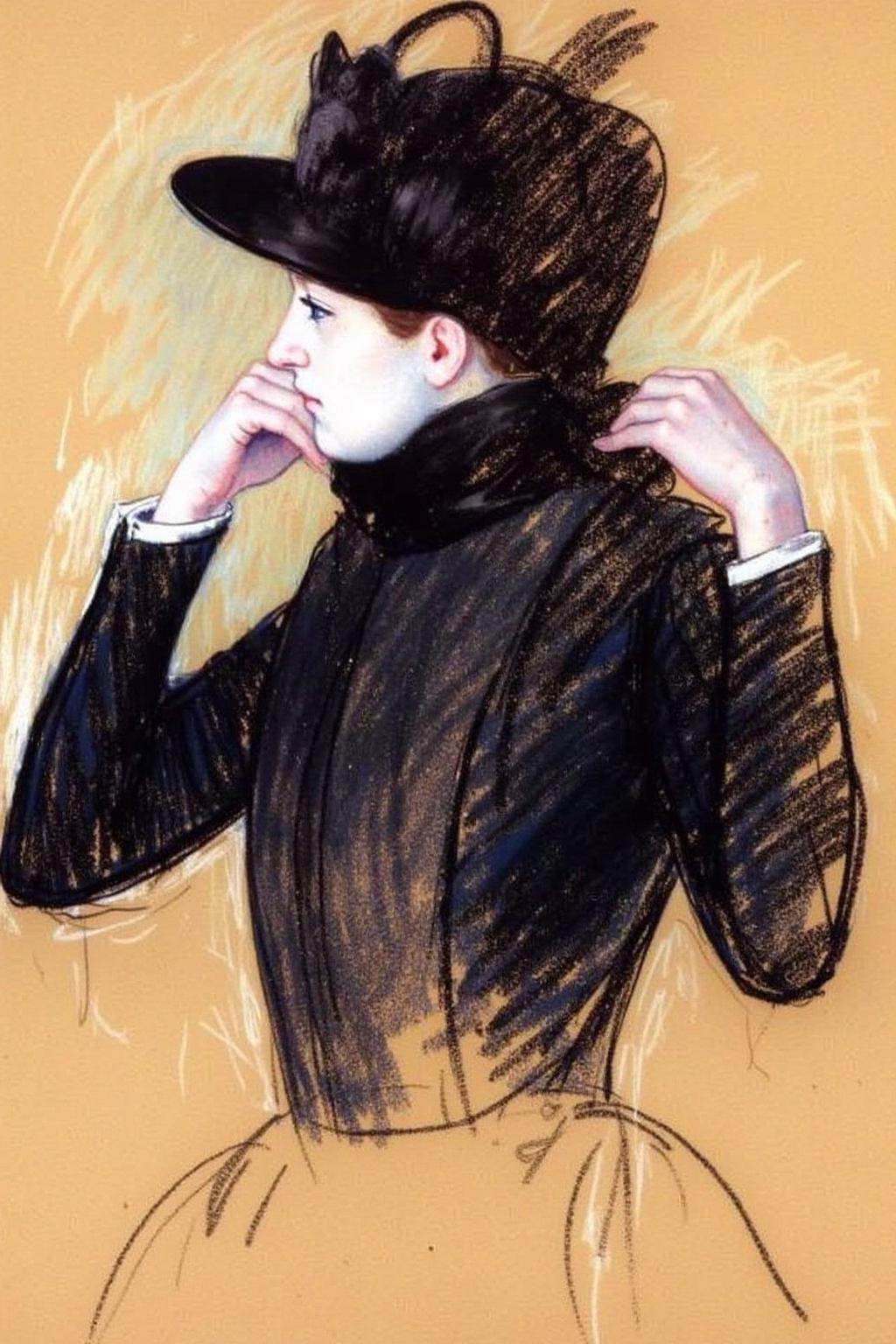 marycassatt2 drawing.A woman is depicted from the shoulders up with a focus on her upper body and head. She is dressed in...