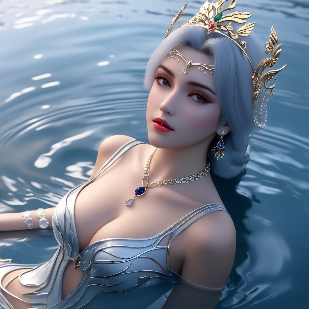 <lora:838-DA-XL-百炼成神-宁雨蝶-成年:0.8>, (,1girl, ,best quality, ),,masterpiece, ((((1girl, solo, , ,solo focus, lying on water, )))) (cleavage),,  (), ,ultra realistic 8k cg,   clean, masterpiece,     (( , )),,  , unreal, science fiction, luxury, jewelry, diamond, gold, pearl, gem, sapphire, ruby, emerald, intricate detail, delicate pattern, charming, alluring, seductive, erotic, enchanting, hair ornament, necklace, earrings, bracelet, armlet,halo,(cleavage),, , (),