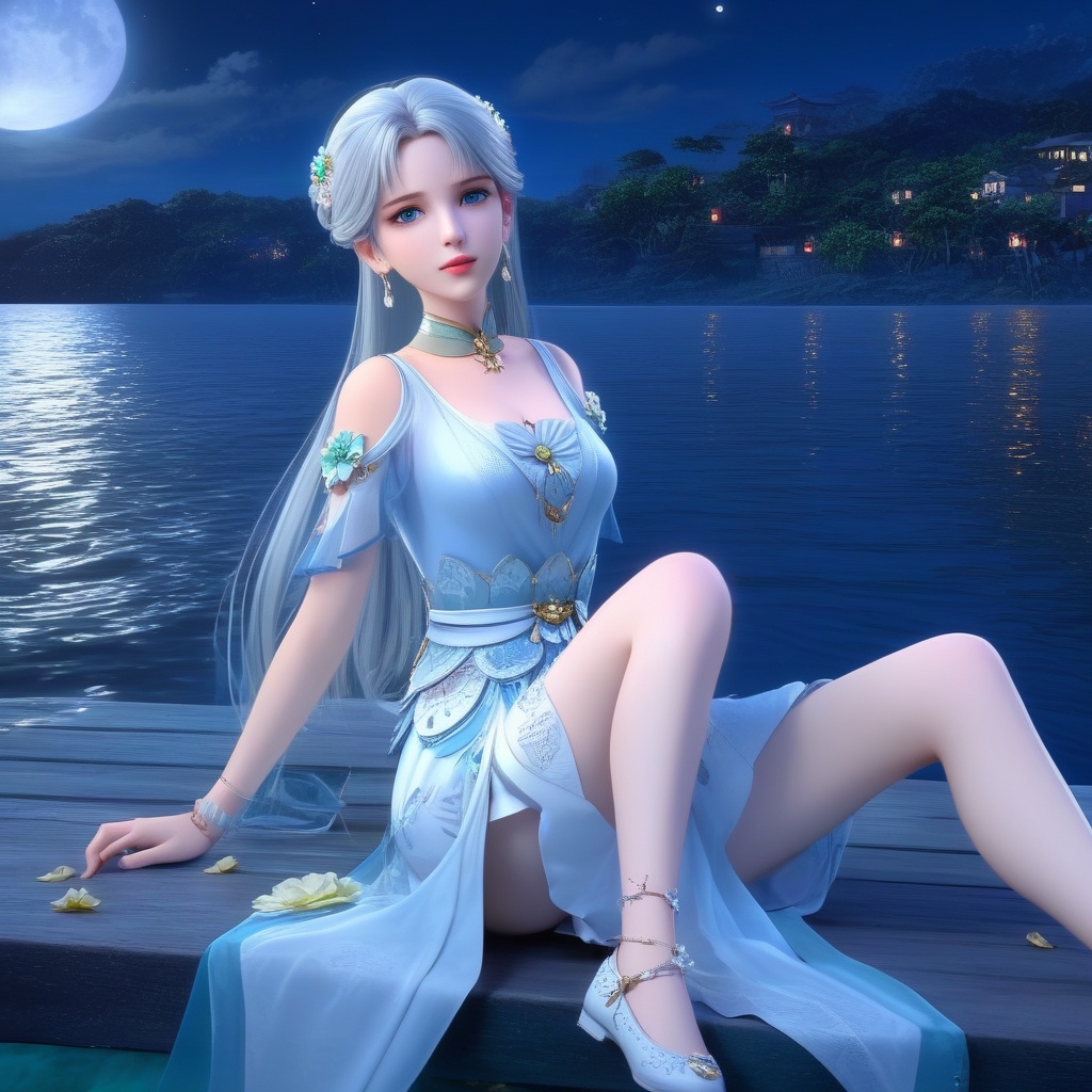 <lora:834-DA-XL-诛仙-碧瑶:0.8>, SFW,(masterpiece:1.2),best quality,absurdres,masterpiece,original,extremely detailed wallpaper,perfect lighting,(extremely detailed CG:1.2),1girl, solo, long hair, blue eyes, hair ornament, dress, jewelry, sitting, flower, white hair, earrings, sky, cloud, water, white dress, bare legs, night, facial mark, moon, forehead mark