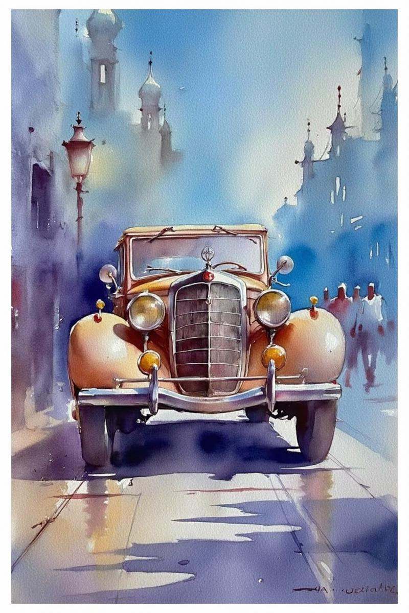 Thomas W. Taylor watercolor style,  close-up of a 40s Mercedes convertible, on Tensor.Art