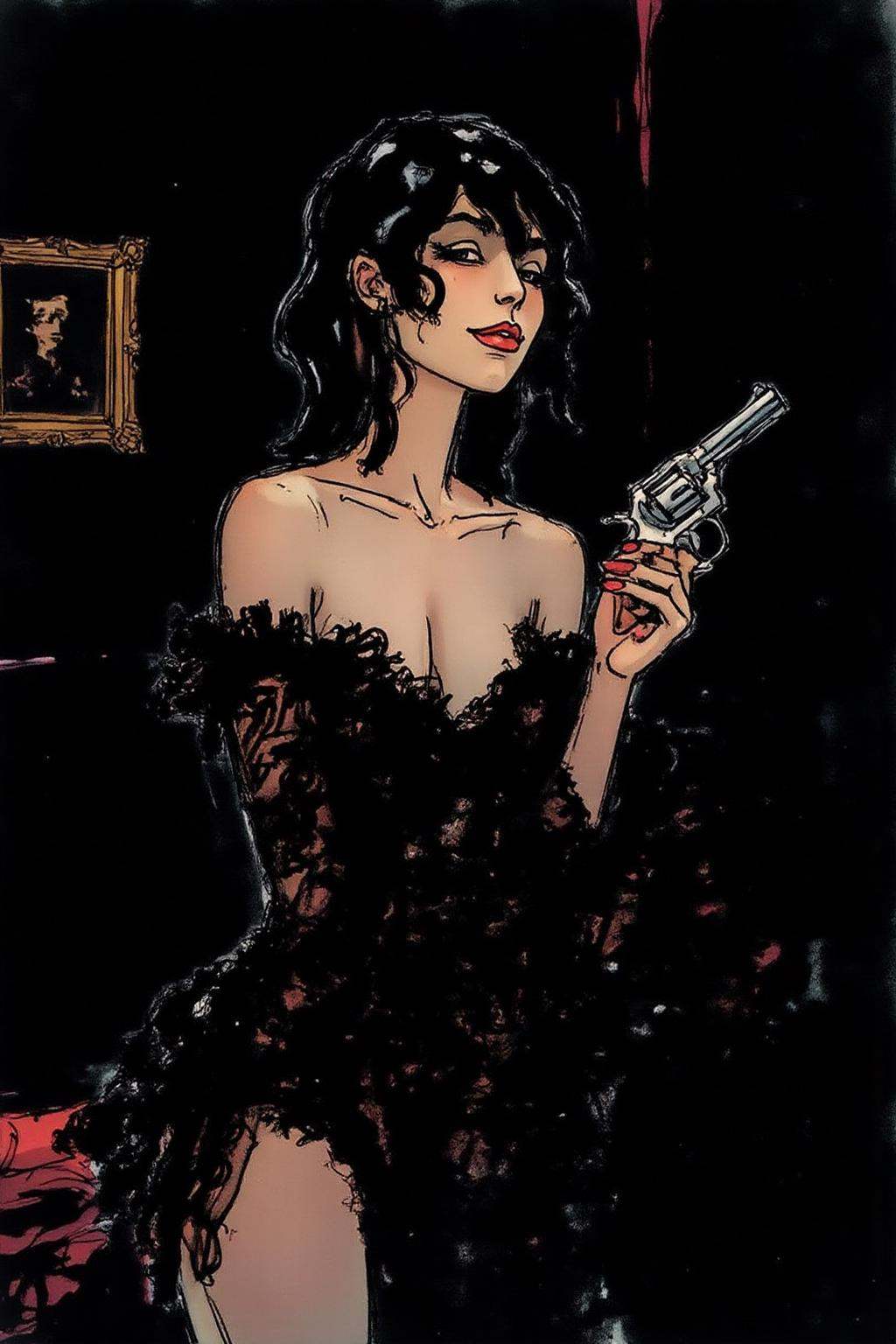 hugop1 illustration. a mysterious woman with dark,  wavy hair and piercing eyes stands in the shadows of a dimly lit room....