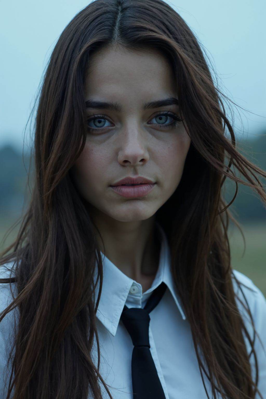 The image shows a young woman with long,  dark hair. She is wearing a white shirt with a black tie. Her hair is slightly t...