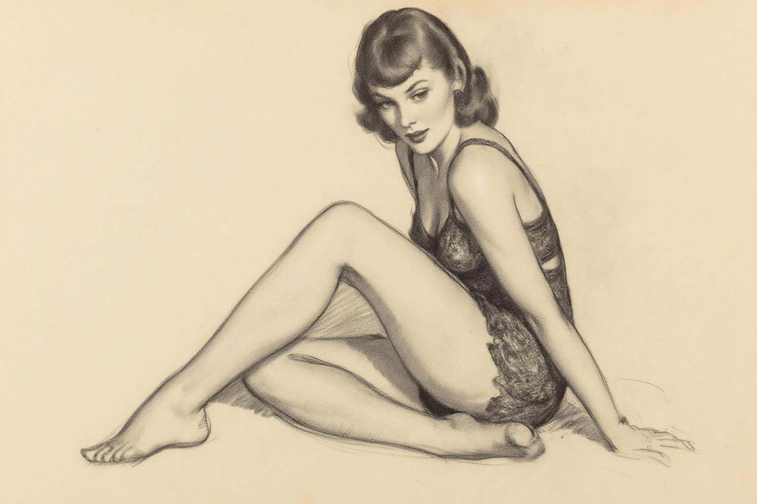gilelvgren2. A charcoal sketch depicting a woman in a pin-up style pose,  turning her head to looking down and to her righ...