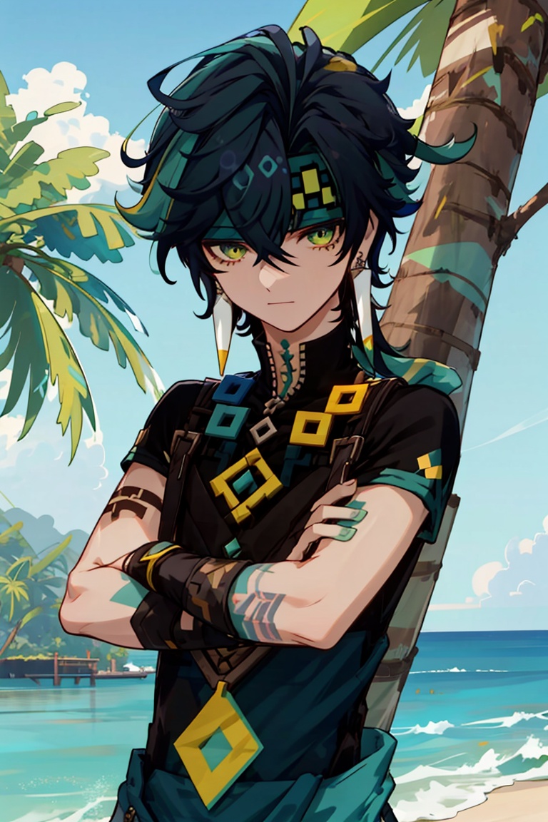 <lora:output_kinich:1>,1boy,male focus,jewelry,solo,earrings,looking at viewer,short sleeves,bangs,headband,shirt,black shirt,black hair,hair between eyes,tassel,yellow eyes,tattoo,closed mouth,upper body,tassel earrings,multicolored hair,single earring,green hair,green eyes,sea,on the beach,coconut tree,
