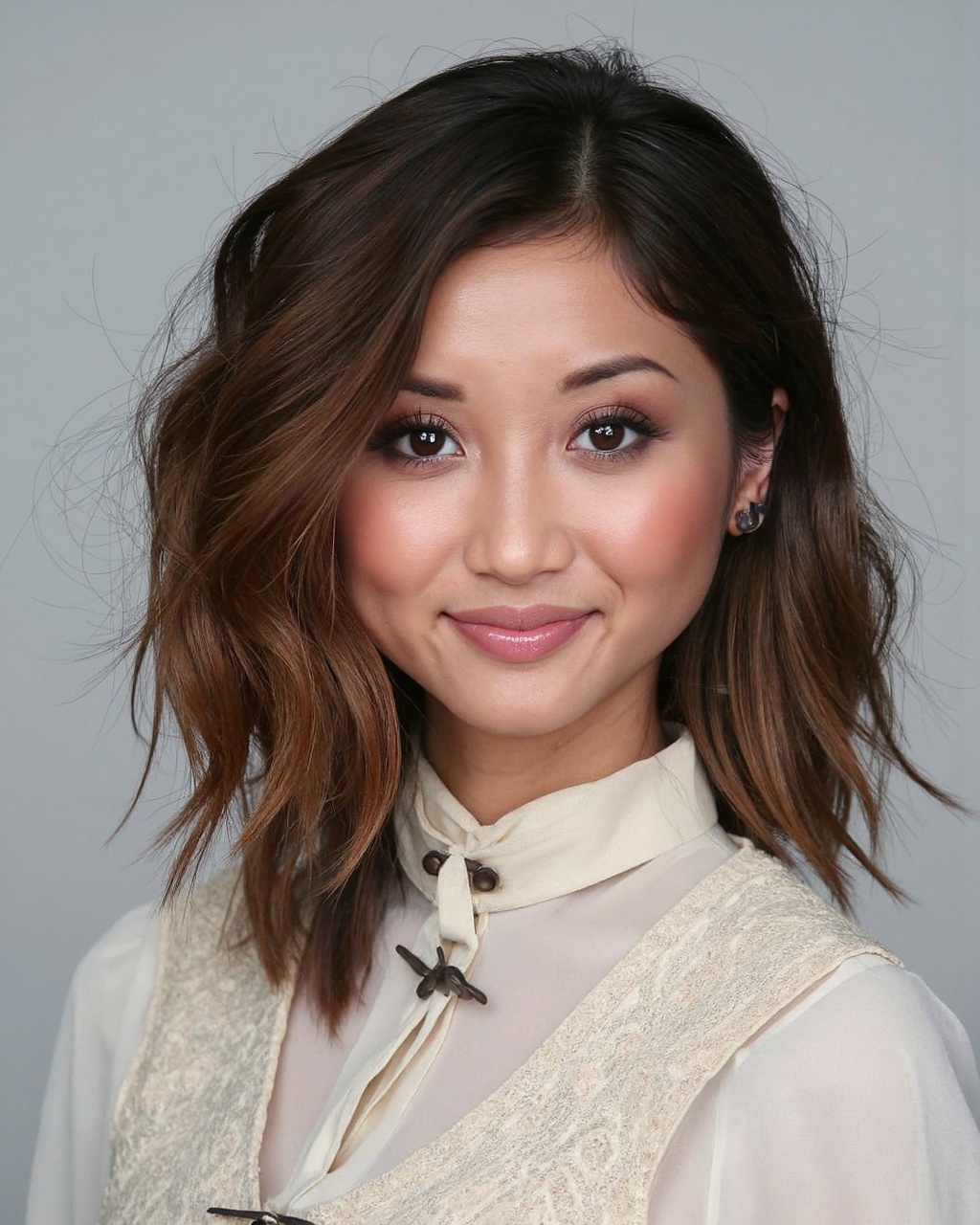A high-resolution photograph of brenda_song with fair skin and brown eyes,  featuring a soft,  ethereal quality. She has v...