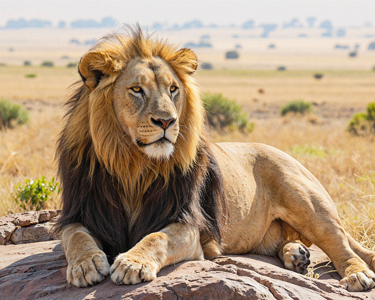 This is a high-resolution photograph of a majestic lion lying on a rocky surface in a savanna environment. The lion,  with...