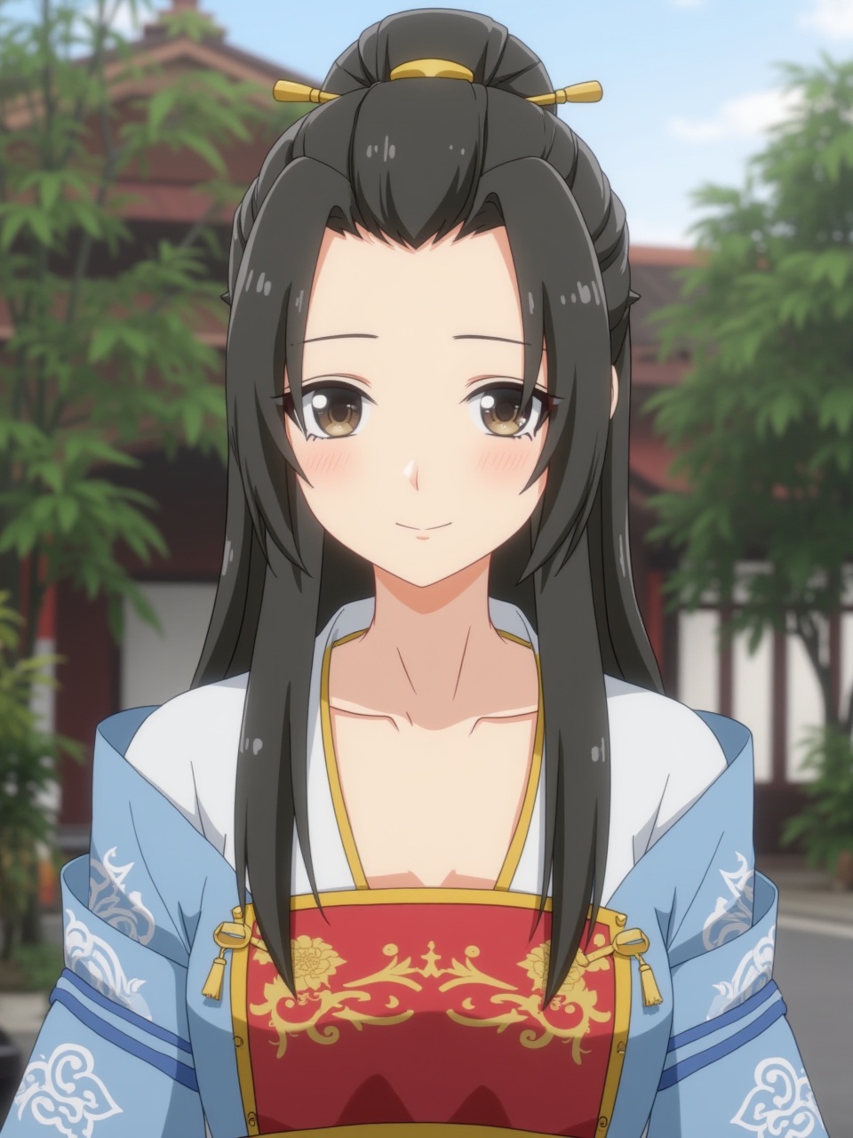 2D style,A girl is wearing blue Chinese clothes outdoors,black hair,black eyes,upper body,smile,