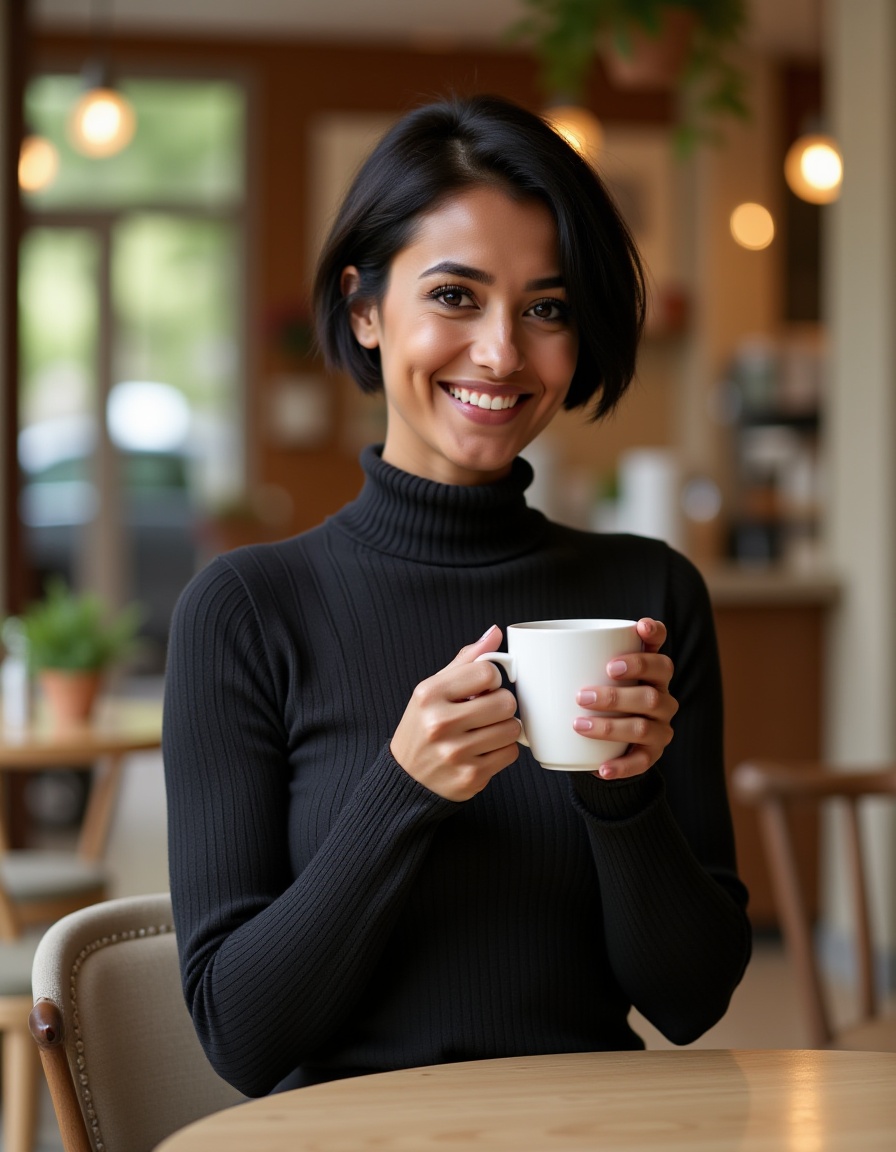 Realistic photo of a North African woman black short hair,  pixie cut,  wearing a turtleneck fitted sweater on Tensor.Art