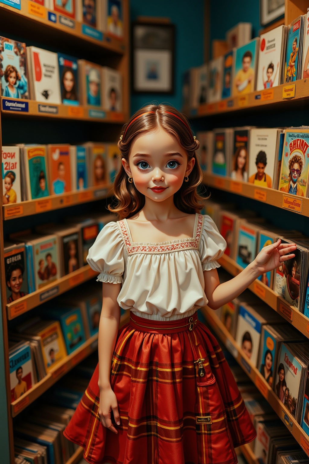 SK,SK,the girl stood in a vintage record store corner in a white lace top with a red plaid skirt. She searched intently for the record,pulled out a favorite,gently brushed the dust off the surface,her eyes showed excitement,and then hummed a ditty to the audition area.,