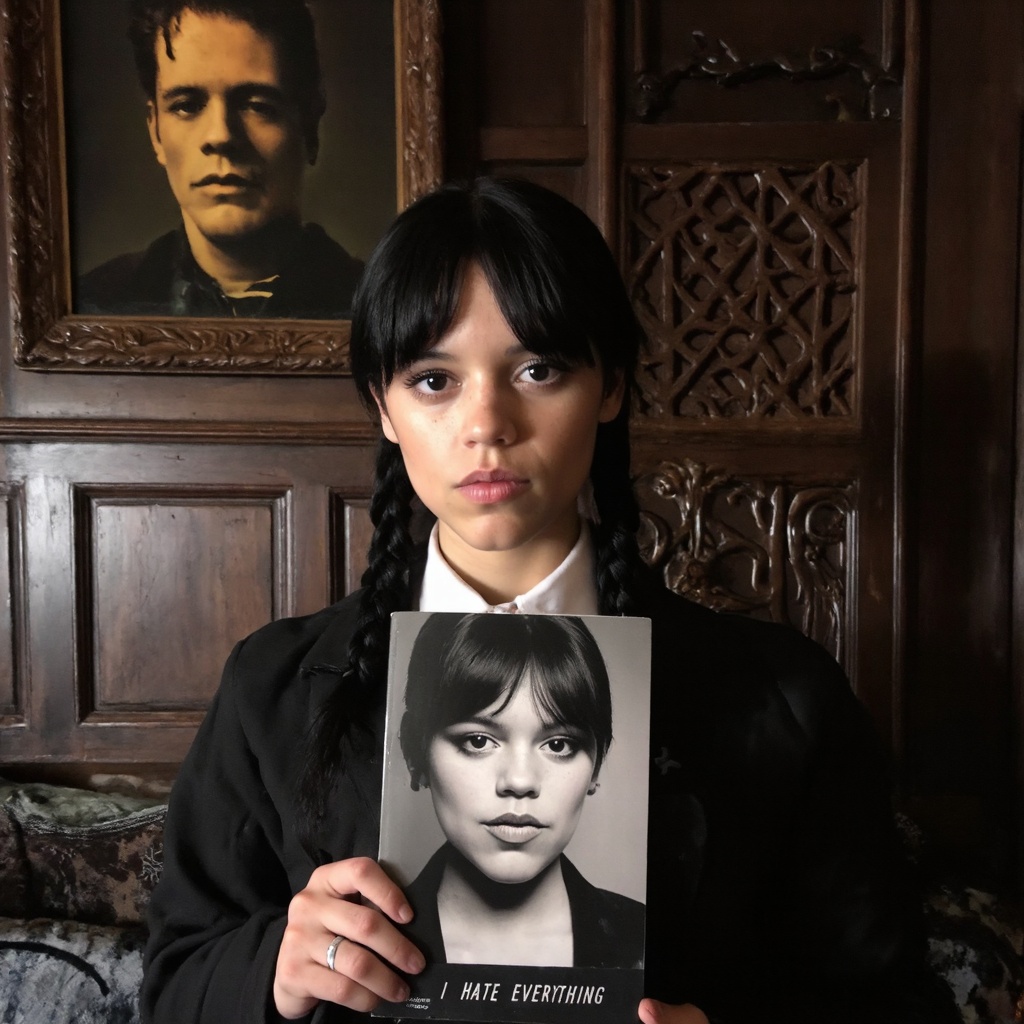 A portrait of jenna_ortega in a dark,  vintage setting. She holds a book titled 'I hate everything' with a black and white...