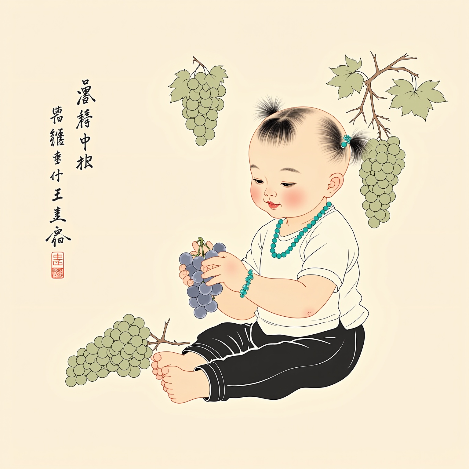 This is a detailed, traditional Chinese ink drawing featuring a young baby seated on the ground. The baby, with a serene expression, is dressed in a white short-sleeve shirt and black pants. The baby's hair is styled in two small pigtails and adorned with a turquoise beaded necklace and matching bracelet. The baby is holding a cluster of grapes with one hand while the other hand gently touches the grapes. The background is a light beige color, with the baby positioned in the center. Surrounding the baby are clusters of grapes, some hanging from above and some lying on the ground, adding a natural, rustic touch. The grapes are depicted with a soft, translucent quality, indicating they are ripe and juicy. In the lower left corner of the drawing, there is a small, rectangular red stamp with Chinese characters, indicating the artist's signature. The overall style is traditional Chinese ink painting, characterized by its delicate lines, subtle shading, and emphasis on the baby's innocence and the serene, peaceful atmosphere.<lora:水墨风-10:1>