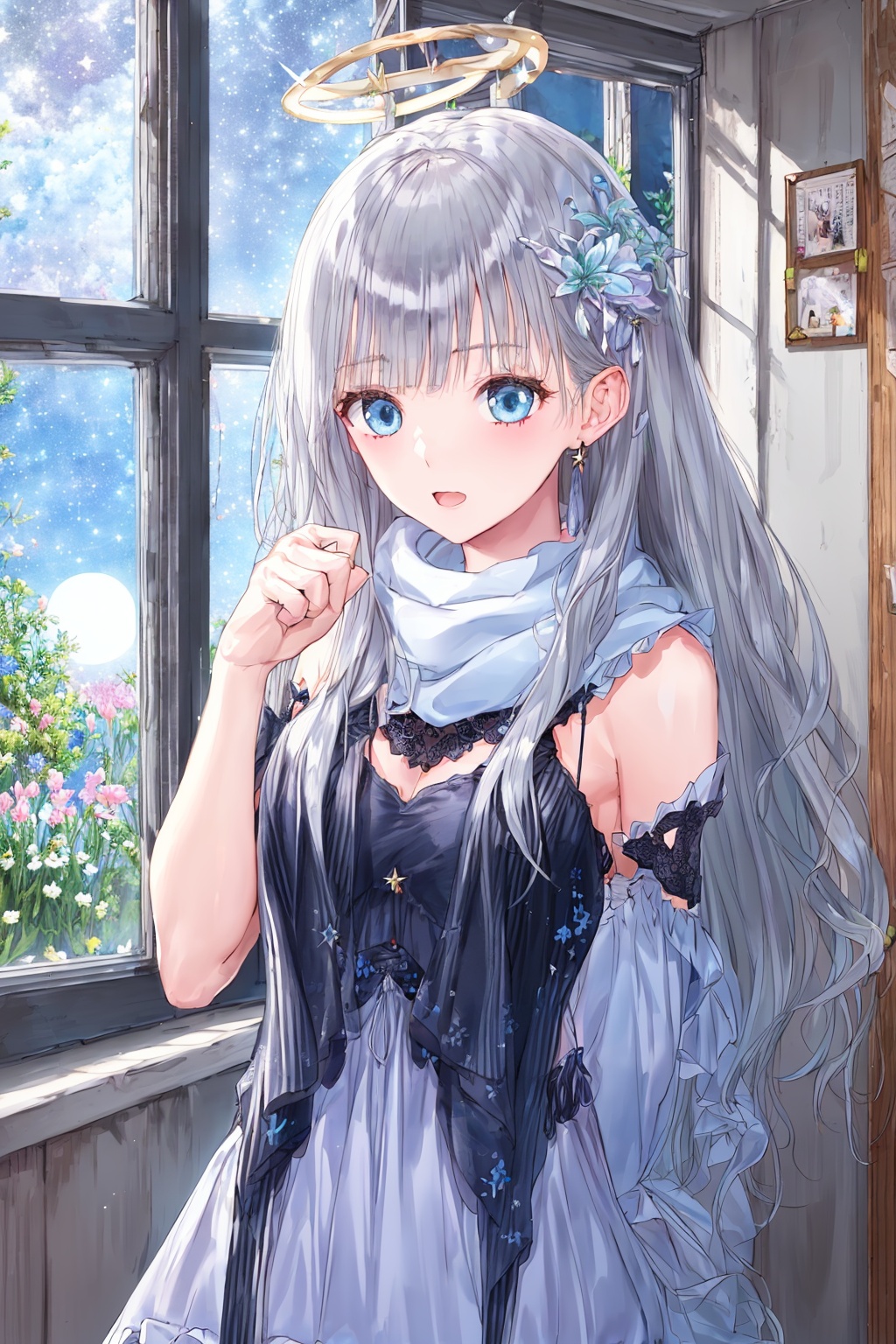 <lora:艺术家_岸田梅尔1-000015:1>, (The Starry Train and the Girls journey of starry train),(extremely detailed CG unity 8k wallpaper,masterpiece, best quality, ultra-detailed),(best illumination, best shadow, an extremely delicate and beautiful),dynamic angle,floating,fairyland,finely detail,Depth of field (bloom),(glass,glass sparkle,shine,overexposure),(girl in the starry train,starry train in the starry sky,starry sky in the wonderland),glinting stars,(watercolor medium),window,moon,detailed moon light,star,starry sky,cirrocumulus,flower,(1girl,cute,flying,bangs,blue eyes,dress,hair between eyes,hair ornament,halo,scarf,sidelocks,star (symbol),star hair ornament,silver hair),(solo),open mouth,!,ribbon,day,eyebrows visible through hair,silver hair,long silver hair,bangs,neck ribbon,very long hair,blush,hair between eyes,red ribbon,window,short sleeves,((the girl Hand and face ||/ the window,||/ the window:1.3) ,(fill the screen),(the girl is wearing silk silver gauze |dress:1.2),(silver silk gauze|dress:1.2),ornament ,hair ornament,starry|flowers ornamment,(fairy tale and dreamy spring niaght)