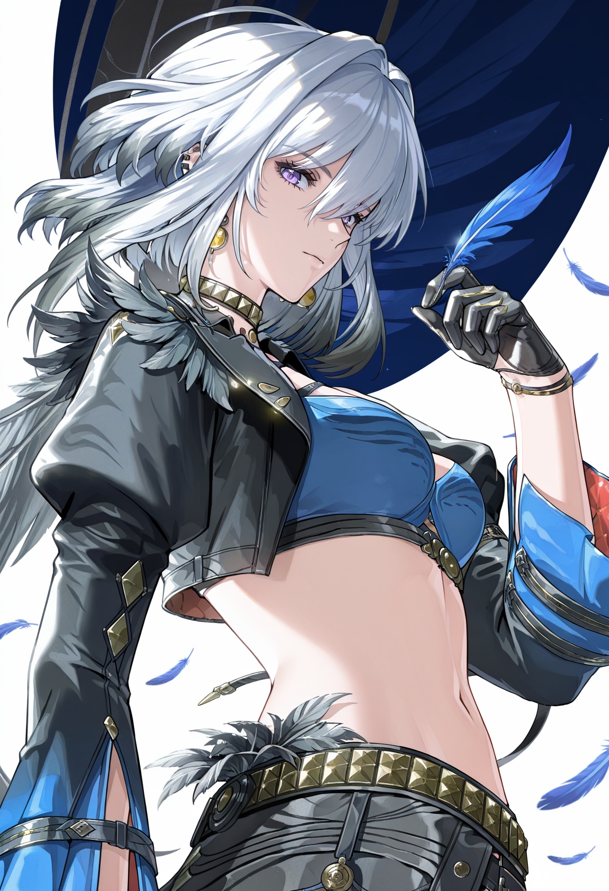 <lora:galbrena (wuthering waves)_Illustrious-000166:1>,galbrena \(wuthering waves\),solo,gloves,black gloves,breasts,cropped jacket,looking at viewer,long sleeves,jacket,pants,black jacket,midriff,jewelry,belt,medium breasts,feathers,black pants,cowboy shot,closed mouth,puffy sleeves,crop top,choker,earrings,navel,juliet sleeves,fur trim,open jacket,from side,open clothes,white_background,