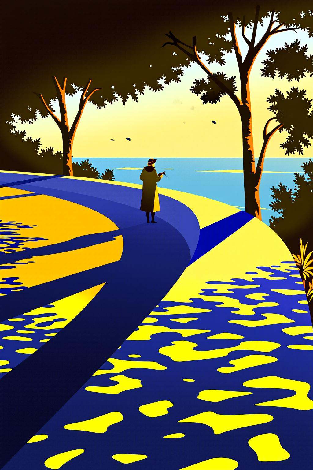 flatcolorvectorart2q illustration.A woman is standing on a curved path,  looking at the view through a telescope. She is d...