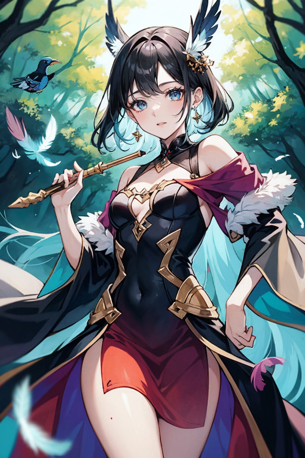 Creating an otherworldly and captivating portrait,  the subject is a forest guardian wearing a blue and black gradient dre...
