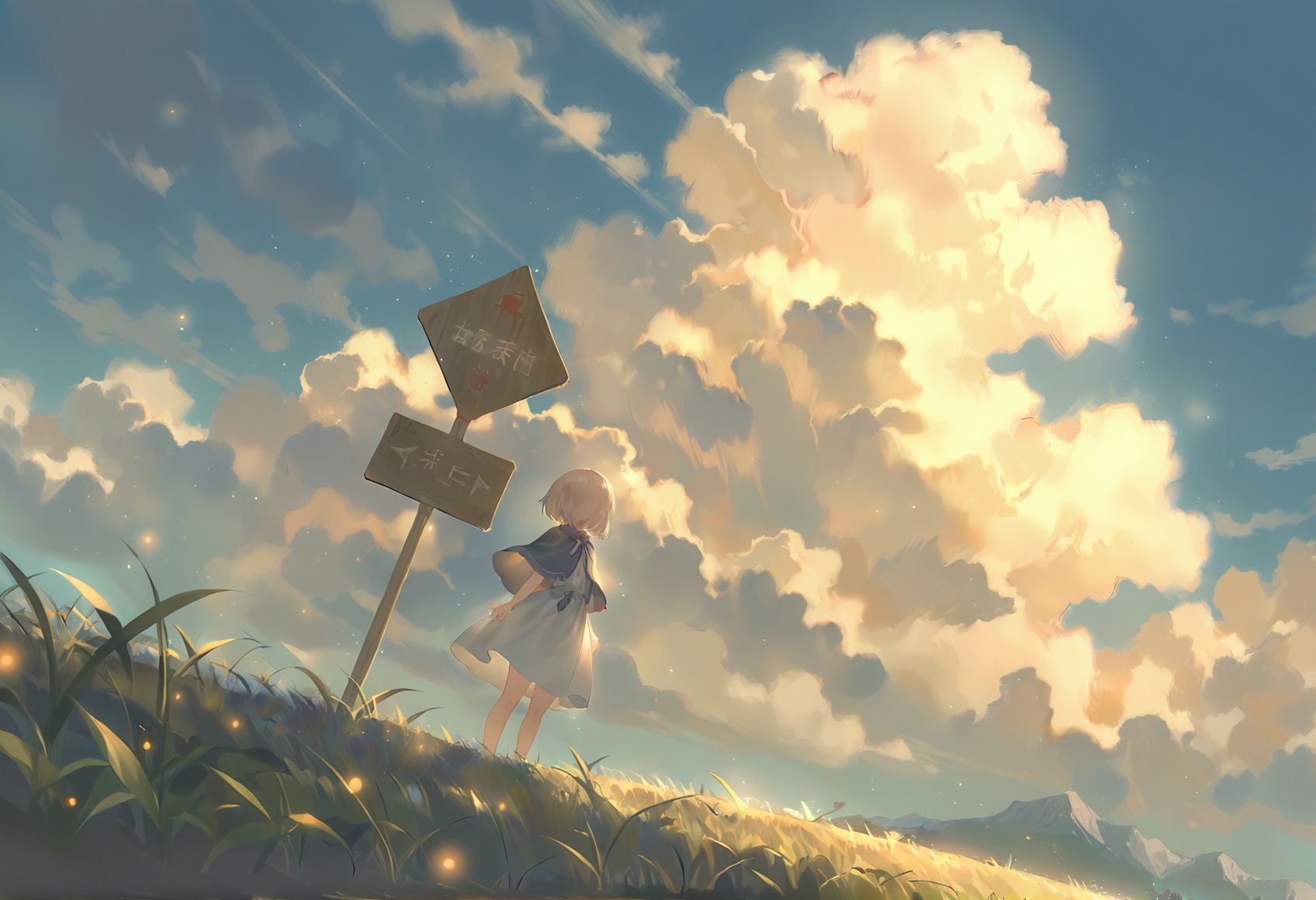 1girl, solo, scenery, grass, sky, outdoors, cloud, short hair, dress, standing, dutch angle, light particles, sign, cloudy sky, blue sky, capelet , best quality,amazing quality,very aesthetic,absurdres,masterpiece,