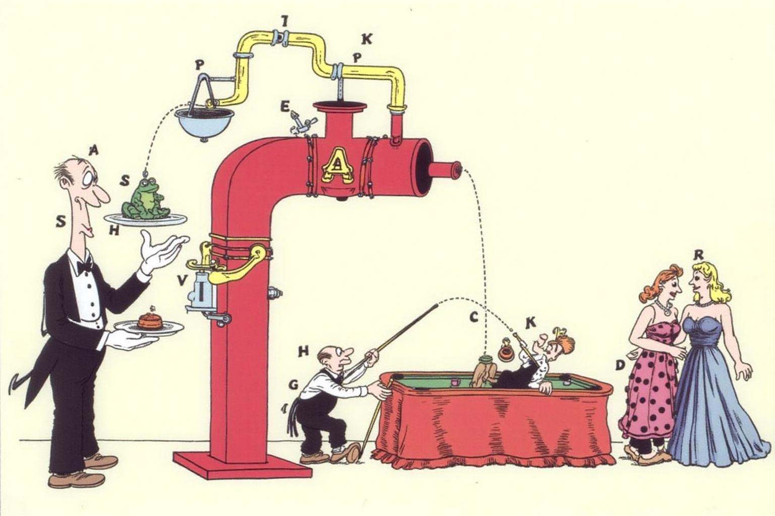 rugo1 illustration. a whimsical scene with four figures and a fantastical machine. On the left,  a tall,  thin man in a bl...