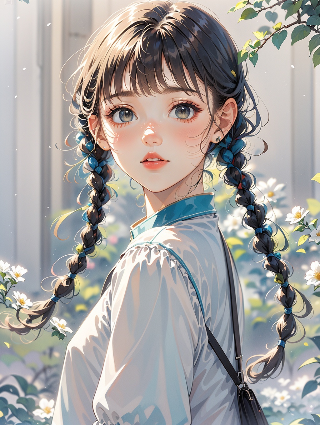1girl,solo,braid,twin braids,looking at viewer,bangs,parted lips,shirt,bag,white shirt,upper body,black hair,blush,hair ornament,pinafore dress,long sleeves,blue dress,long hair,flower,collared shirt,dress,backpack,ribbon,brown hair,eyelashes,skirt,lips,