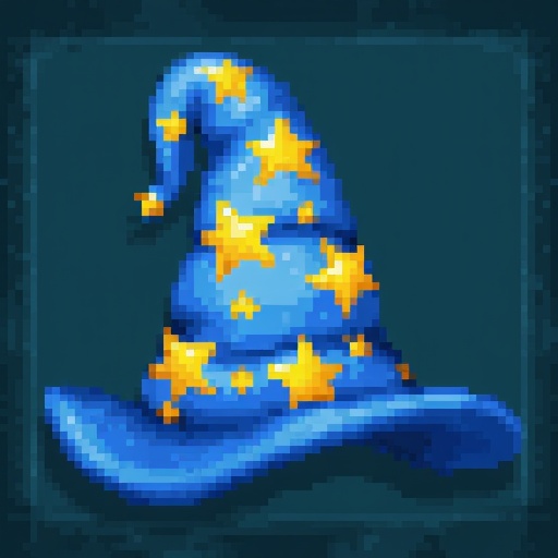 Sorcery skill icon. Image is a HoMM2 style icon featuring a stylized wizard hat. The hat is predominantly blue with a soft...