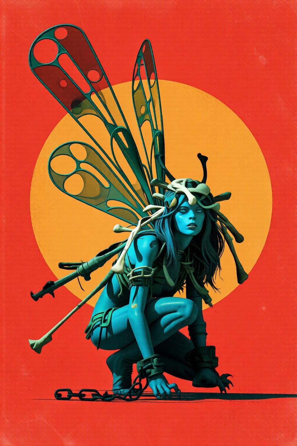pascalblanche2q illustration. A fairy with large translucent wings and sharp claws is chained to the ground. She wears a b...