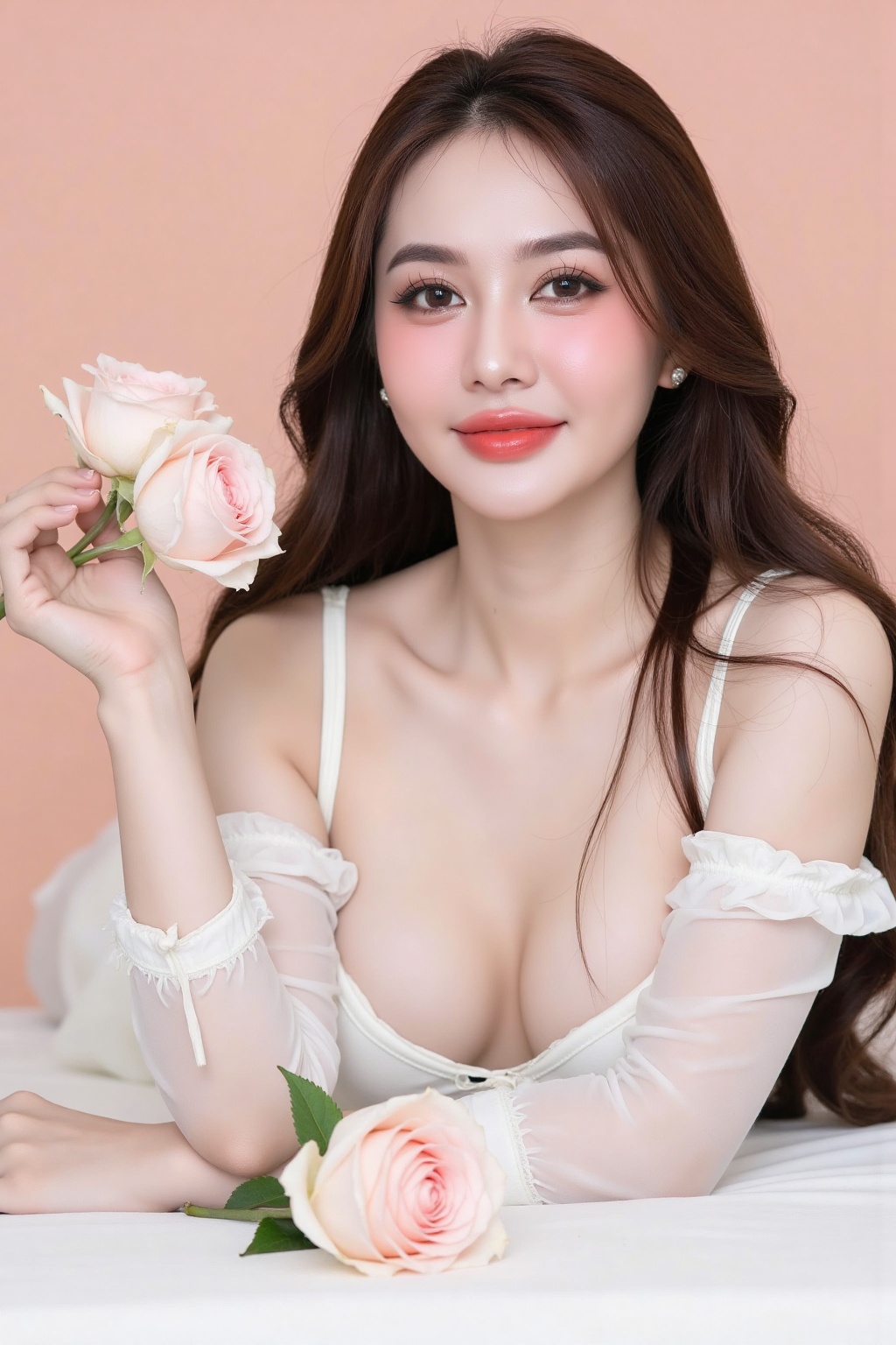 This is a high-resolution photograph featuring an Asian woman with fair skin and long,  wavy dark brown hair cascading ove...