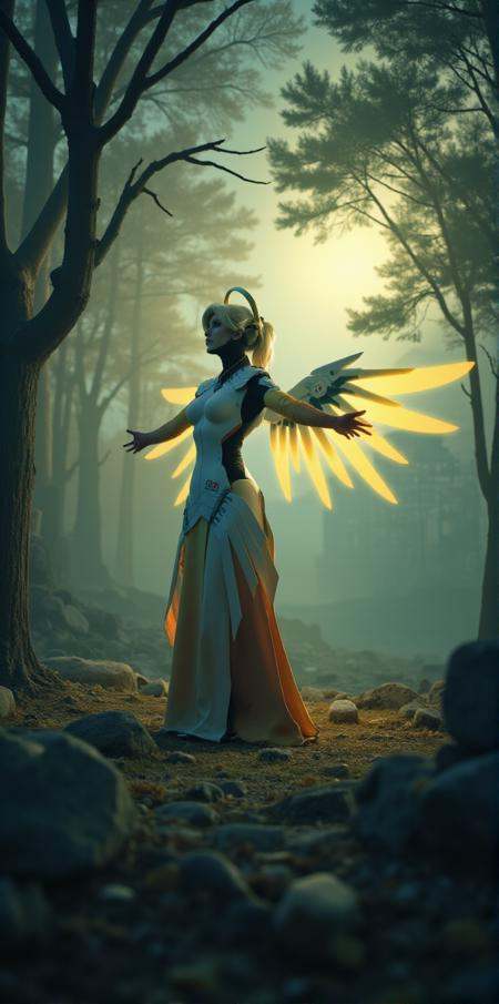 Mercy,  a woman with a halo and wings,  is standing opened arms like a godly figure in a mystical scenery on Tensor.Art