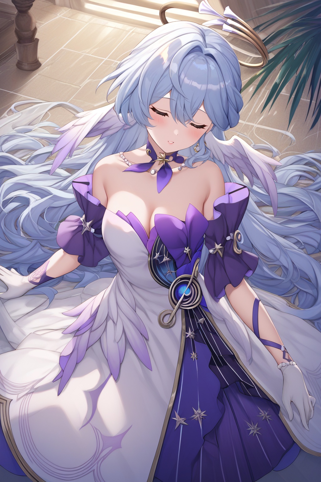 score_9,score_8_up,score_7_up,score_6_up,score_5_up,score_4_up,source_anime,source_cartoon,<lora:robinTUPONYXL-000008:1>,robin \(honkai: star rail\), 1girl, breasts, solo, head wings, backless dress, closed eyes, long hair, cleavage, white gloves, medium breasts, bare shoulders, strapless, parted lips, halo, detached sleeves, floating hair, from above, neck ribbo