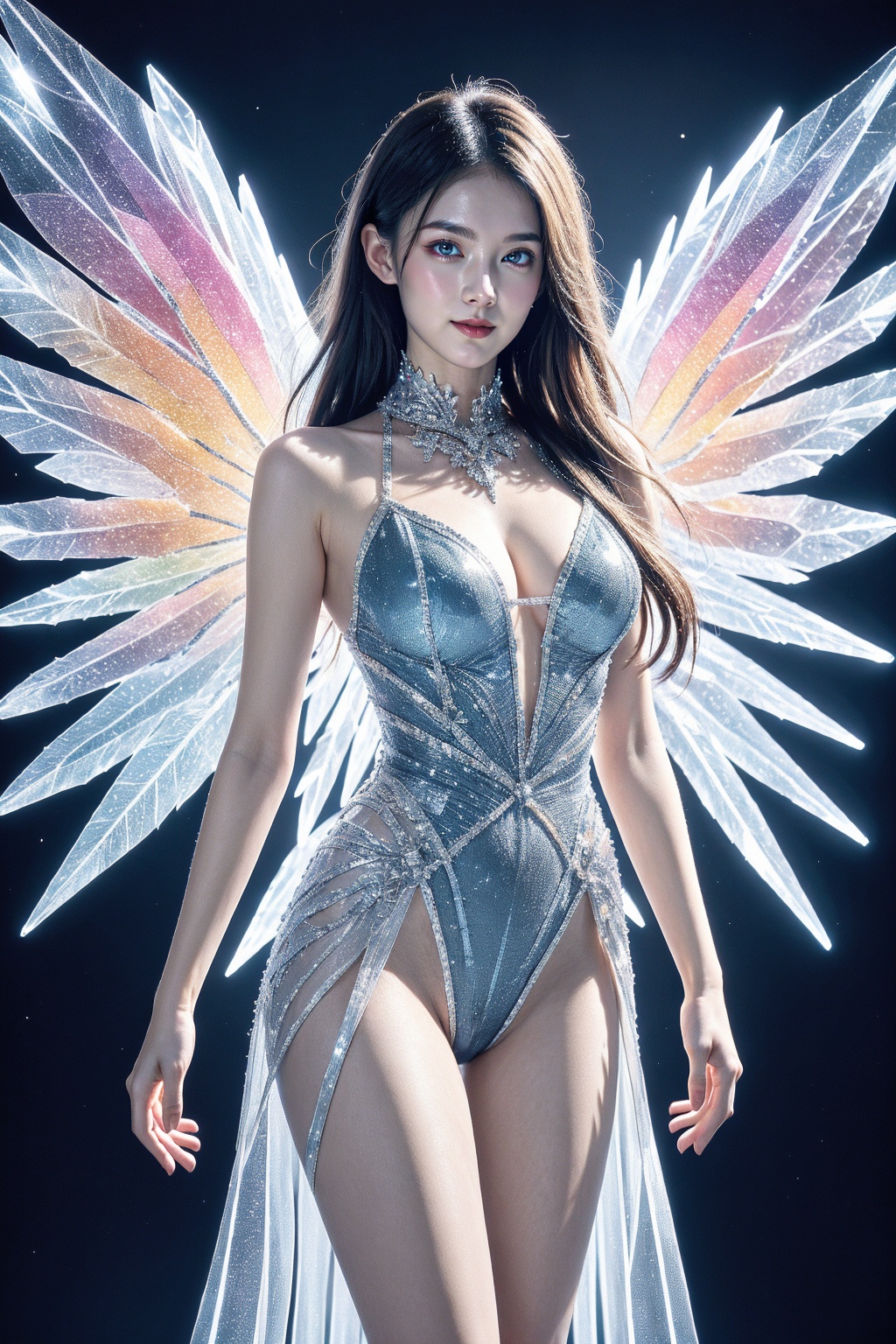 1girl, smirk, solo, crystal, gem, multicolored long hair, leotard, short skirt, glowing, large breasts, wings, ice, see-through, dress, bare shoulders, glowing light particles