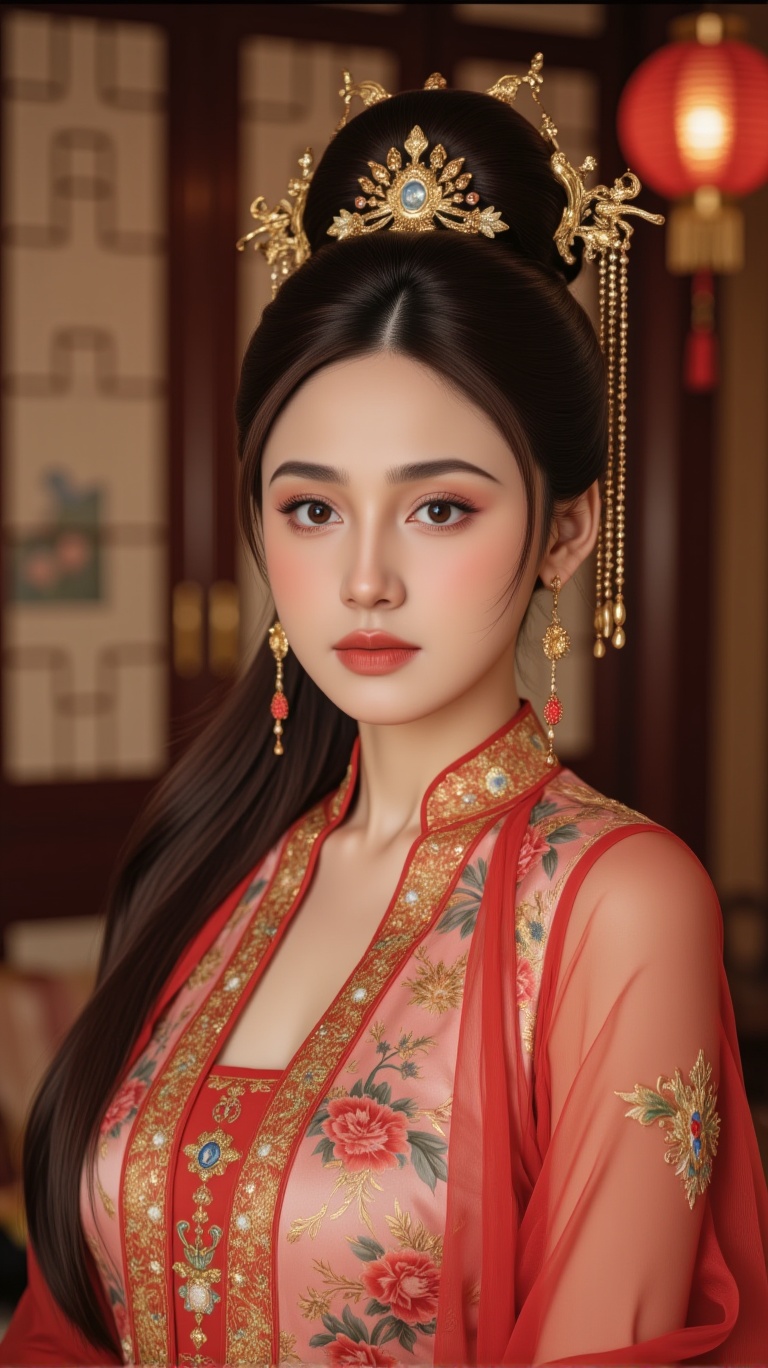 A close up of serene woman adorns a majestic room setting,  dressed in an exquisite ancient Chinese attire on Tensor.Art