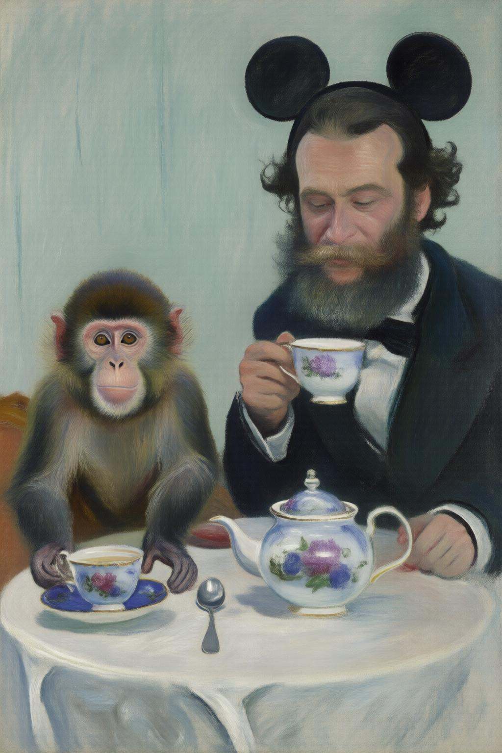 claudemonet2q painting. A small monkey and a man wearing Mickey Mouse ears,  sitting at a table drinking tea on Tensor.Art