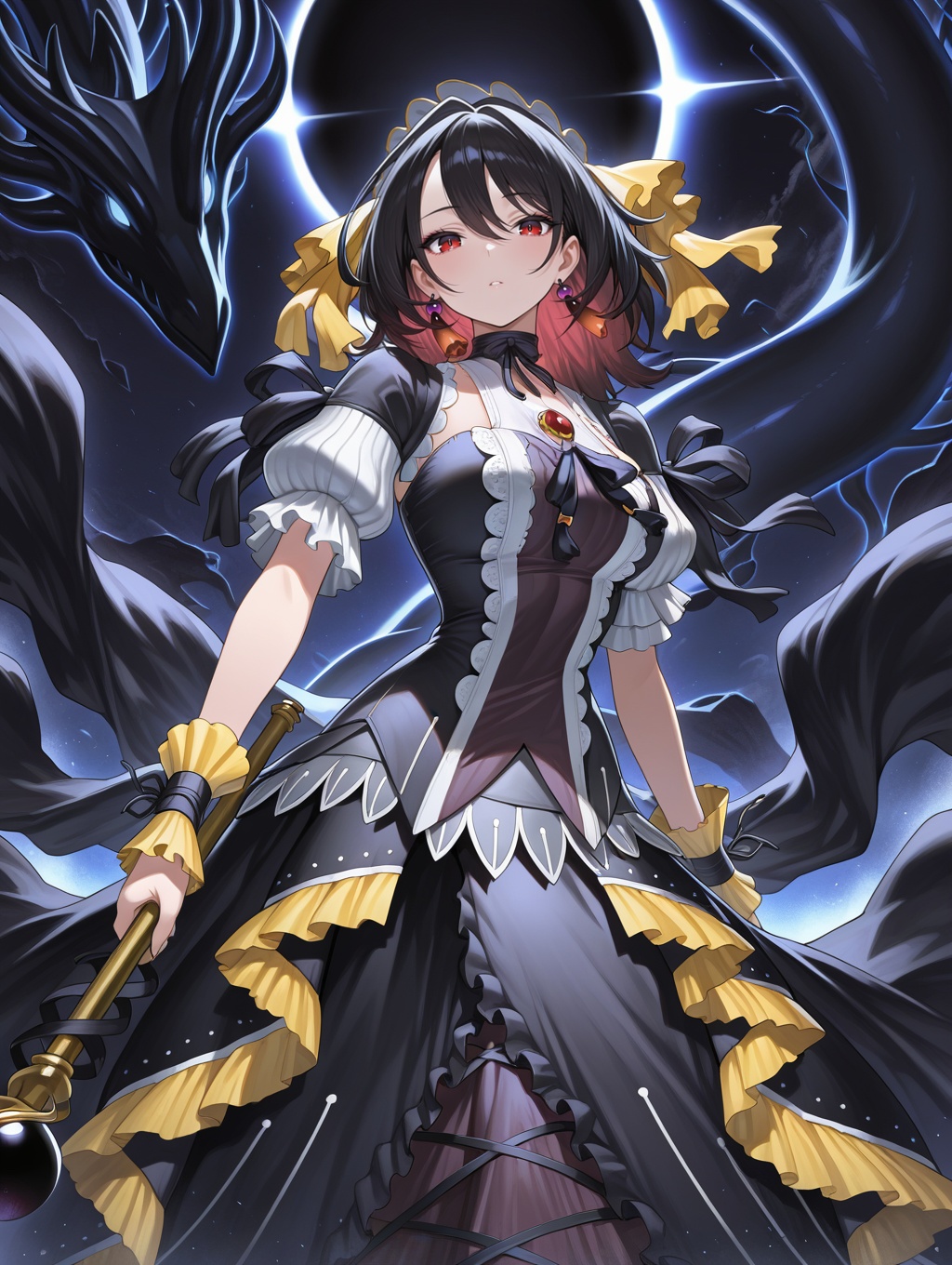 underworld goddess of the closed world,  black princess dress,  yellow short sleeves on Tensor.Art