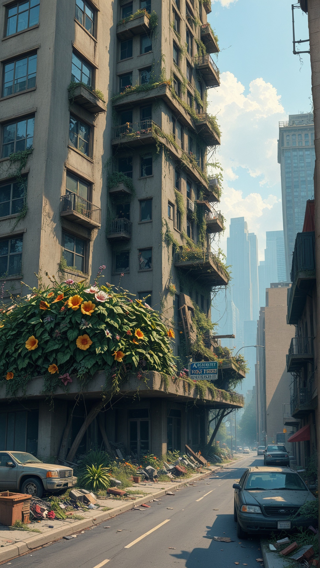 Fl0w3rGr0wnStyle post apocalyptic skyscraper,  building,  avenue on Tensor.Art