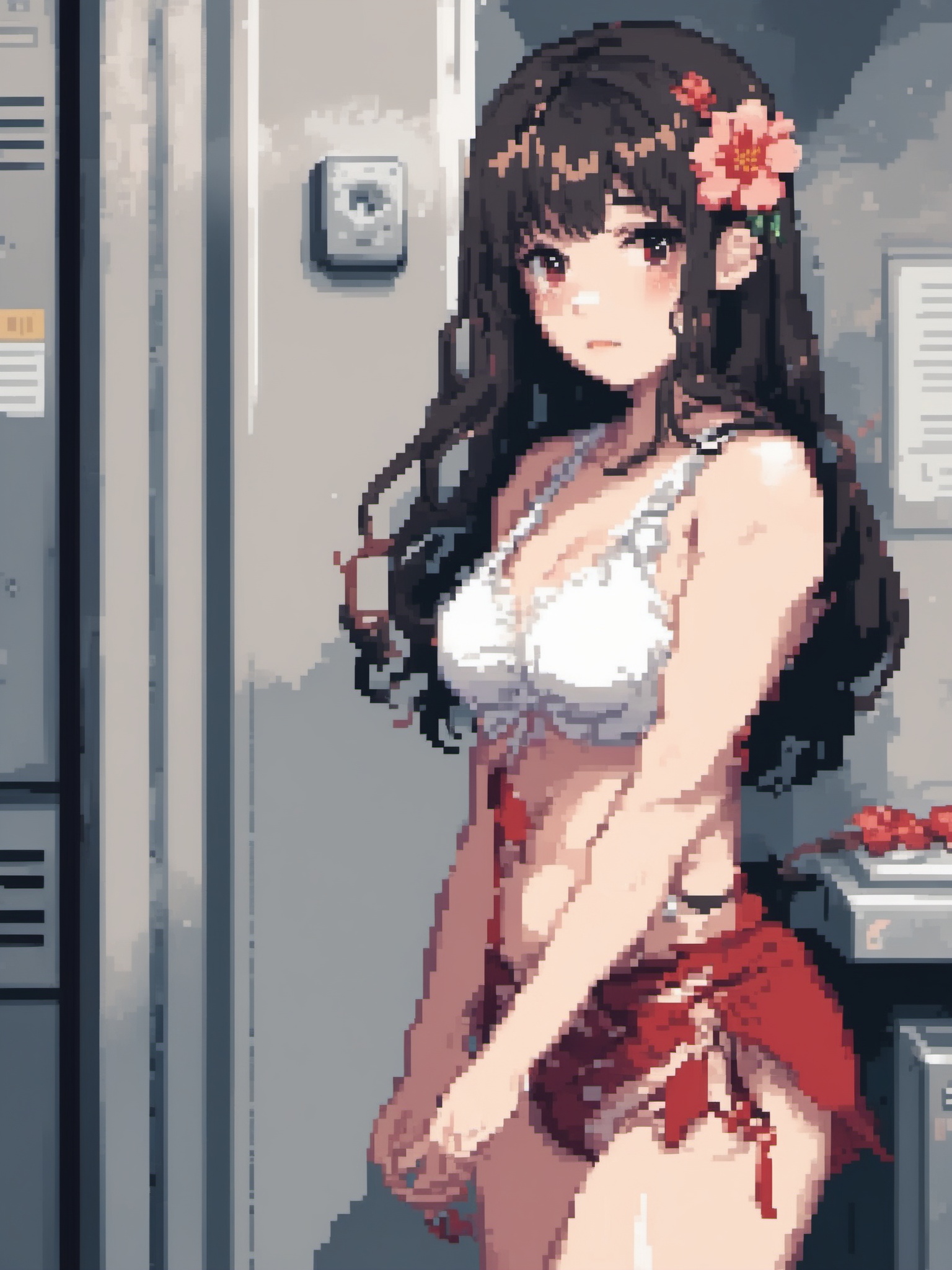 pixel style,  This image is a pixel art illustration of a young woman with long dark hair and fair skin standing in an ind...