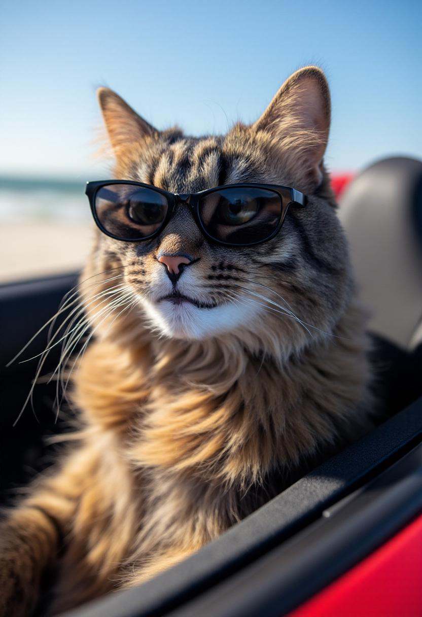 photograph of a fluffy,  long-haired domestic cat named Allie driving a sports car on a beach,  wearing sunglasses on Tens...