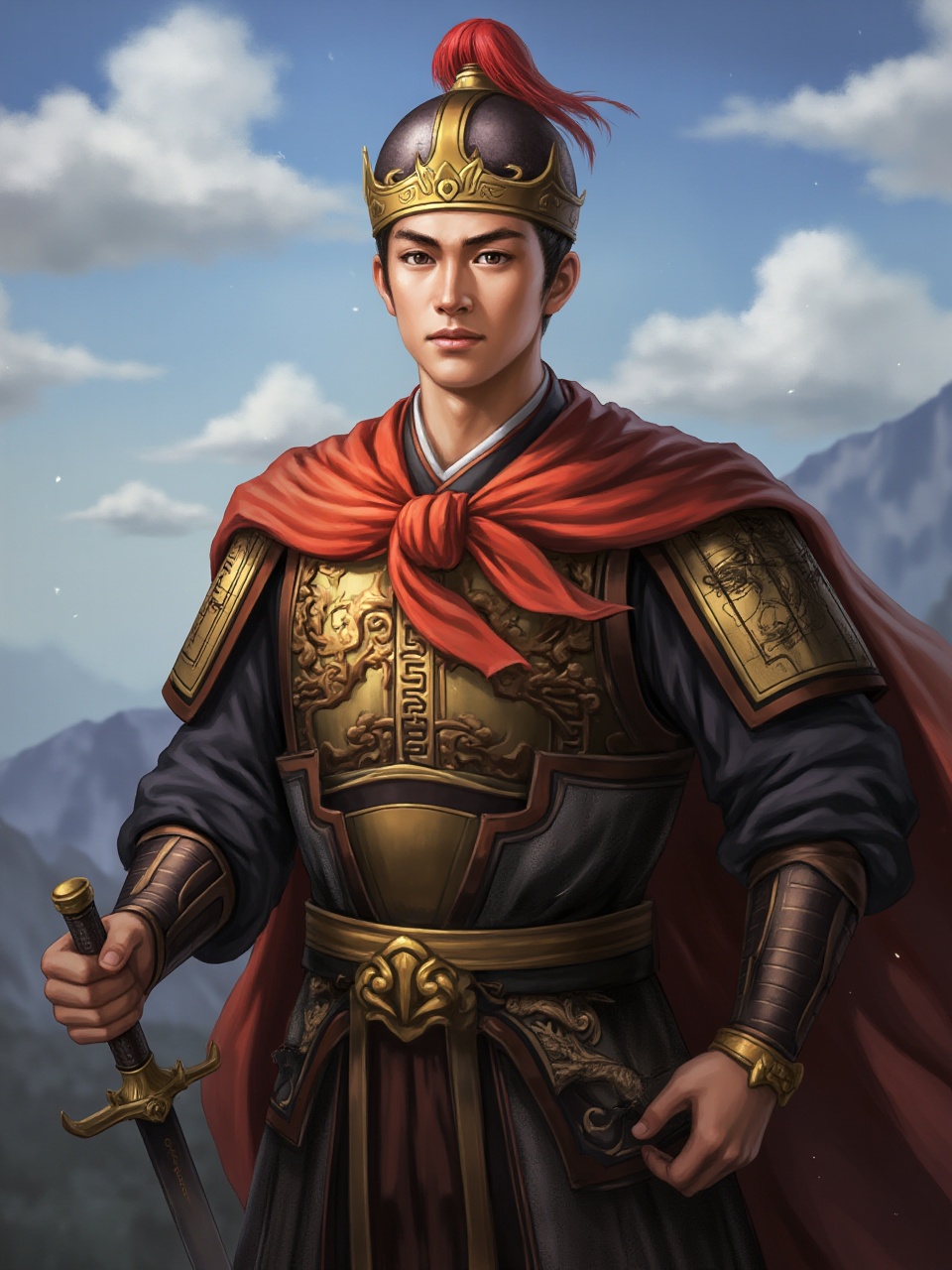 A young Chinese general in his twenties,tall and straight,his face clear and resolute,his eyes deep and vivid. He wore a gold helmet with red tassels. He wore ornate robes and armor,embroidered with dragon designs,a gold sash around his waist,and a sword in his hand. The blade glinted cold. There are several white clouds in the sky and mountains in the background,