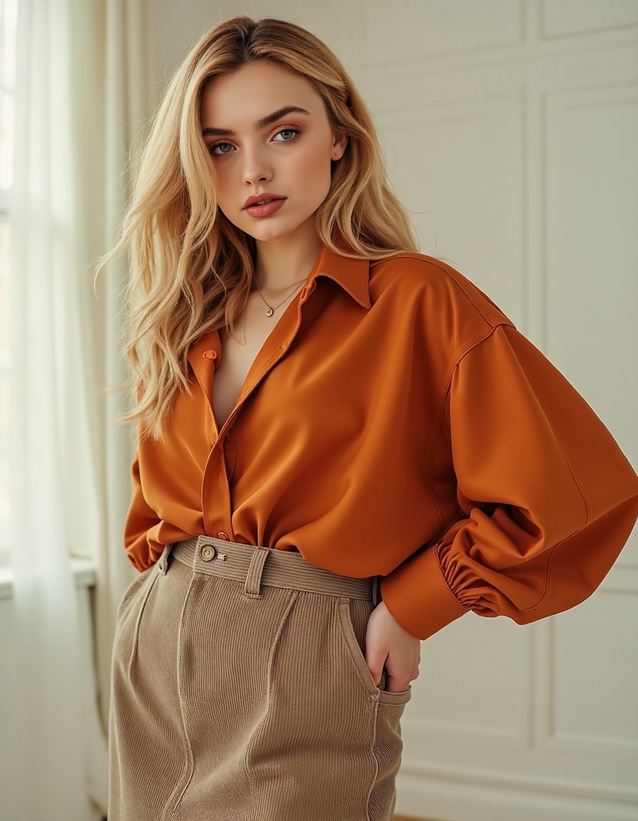 a beautiful female ,  wearing Taupe Corduroy Skirt,  Burnt Orange Oversized Shirt on Tensor.Art