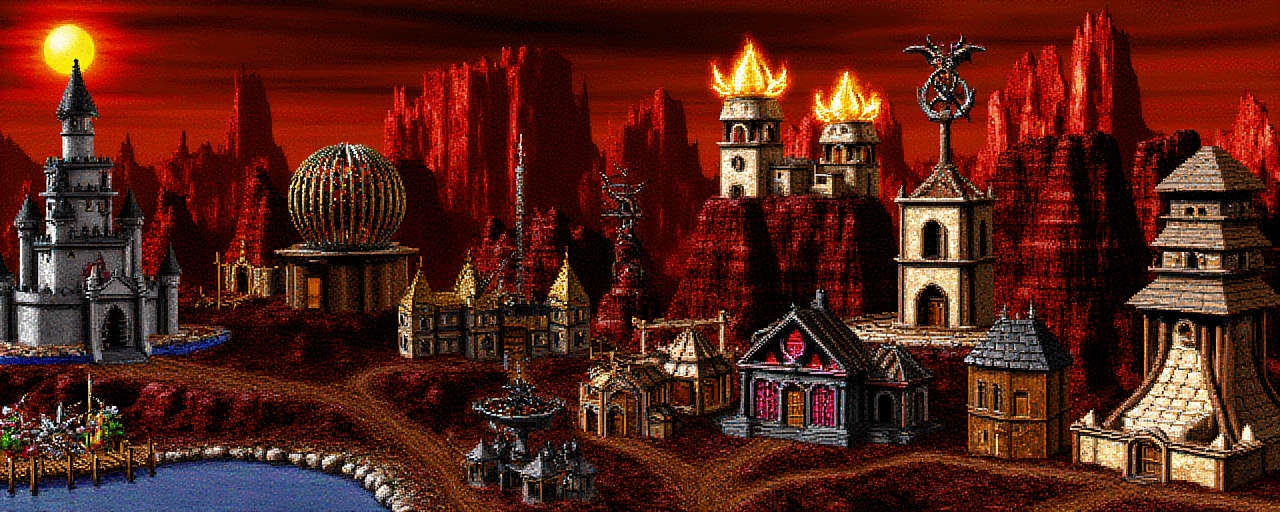 Original HoMM2 style town screen of a fully built Inferno (Demoniac and Heretic) faction town on a Inferno faction backgro...
