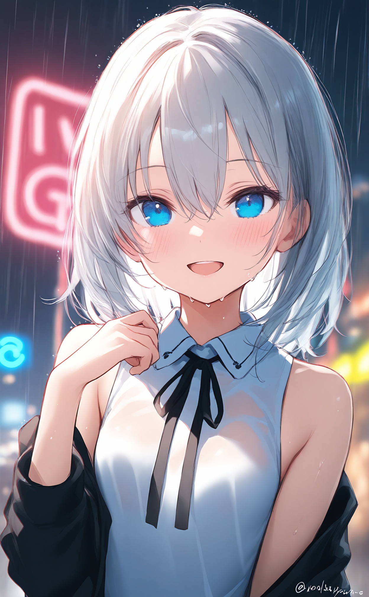 (masterpiece),(best quality),illustration,ultra detailed,hdr,Depth of field,(colorful),loli,1girl,solo,jacket,off shoulder,rain,looking at viewer,black jacket,smile,sleeveless,shirt,white shirt,blue eyes,blurry,blurry background,open clothes,twitter username,bare shoulders,blush,upper body,open mouth,long sleeves,neck ribbon,open jacket,outdoors,:d,sleeveless shirt,depth of field,wet,small breasts,ribbon,breasts,hand up,neon lights,medium hair,black ribbon,hair between eyes,silver hair,