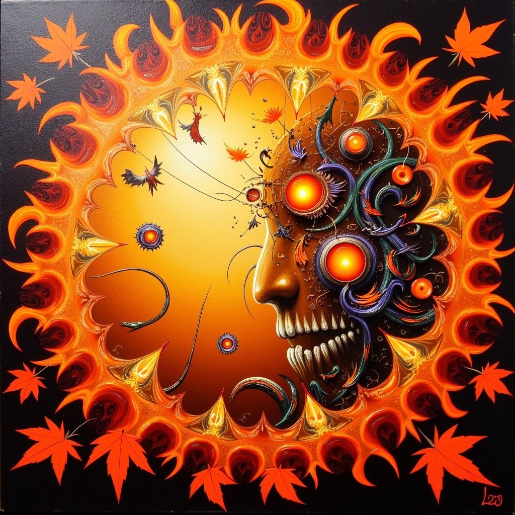 HalloweenGlowStyle orange themed Surrealistic oil painting,  Autumn leaves gently swirling in a dance,  Shattered mirror r...