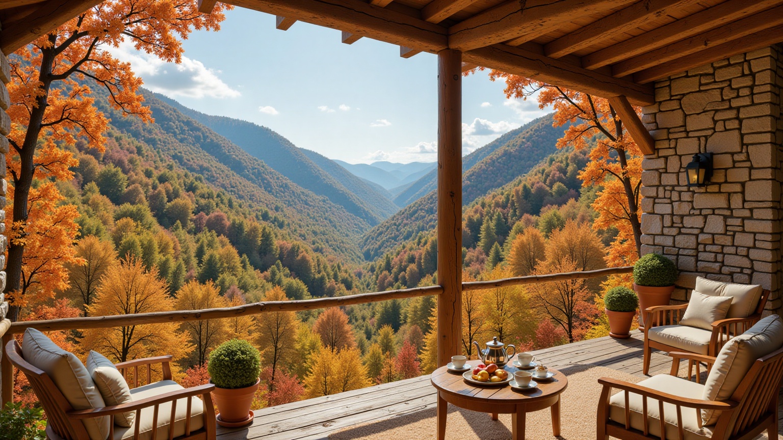 The image shows a beautiful view of a mountainous landscape from a wooden porch. The porch is covered with a wooden roof a...